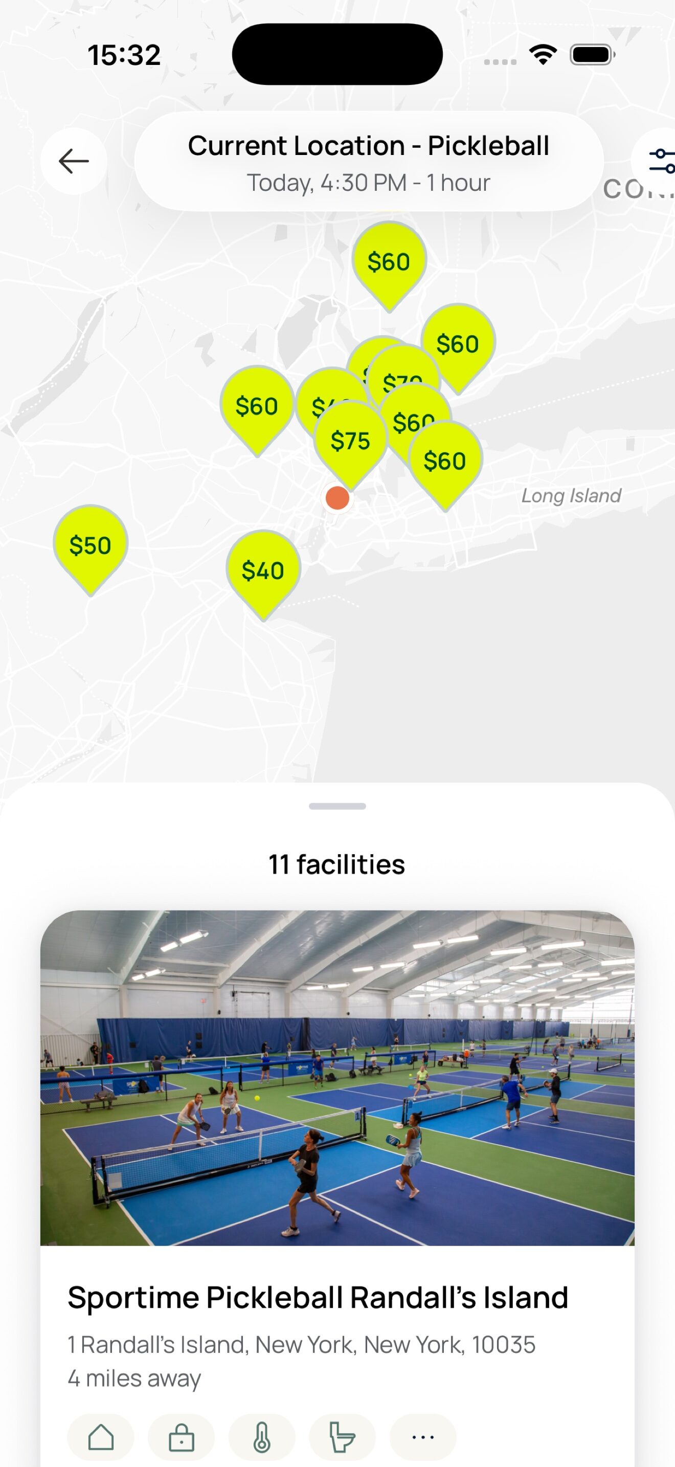 Map view showing nearby pickleball courts with prices