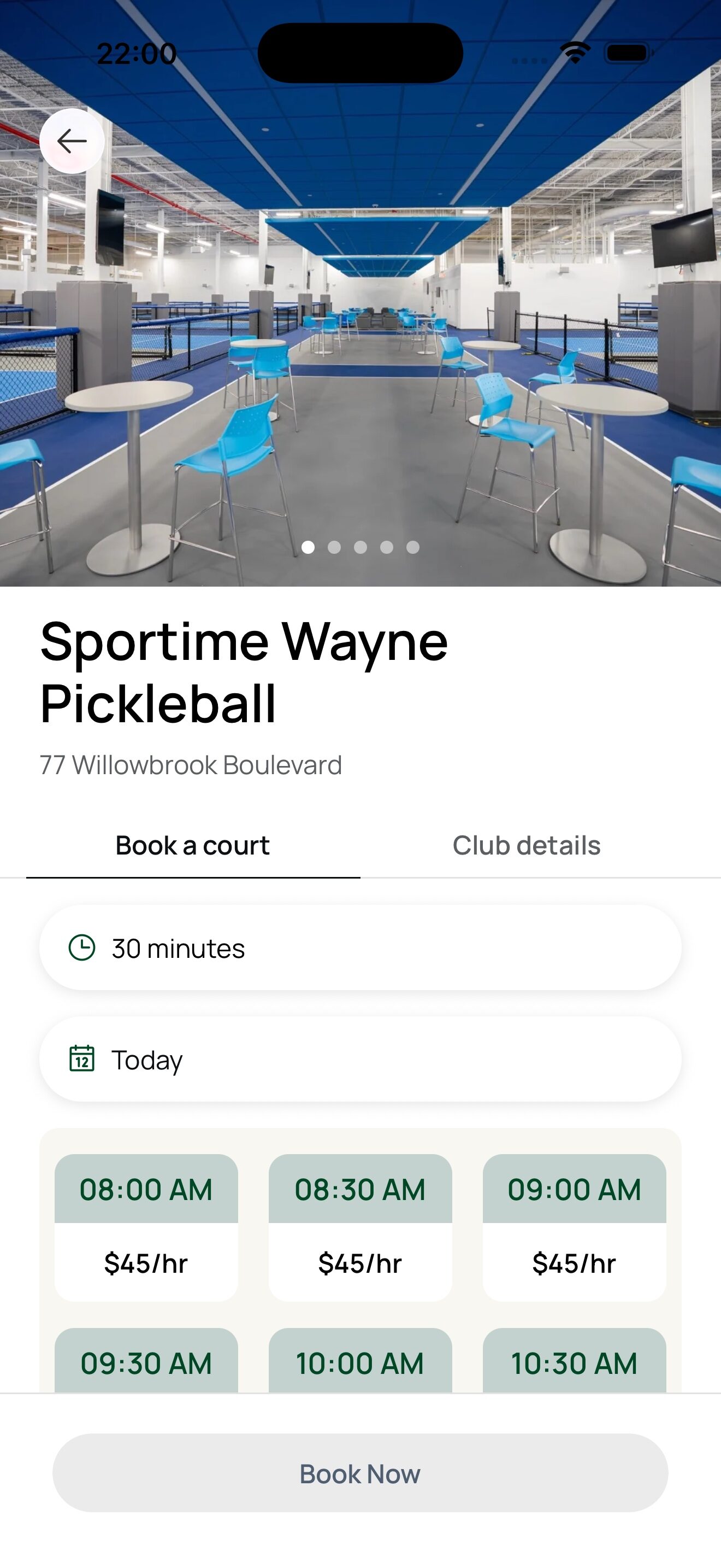 Facility detail page with available time slots