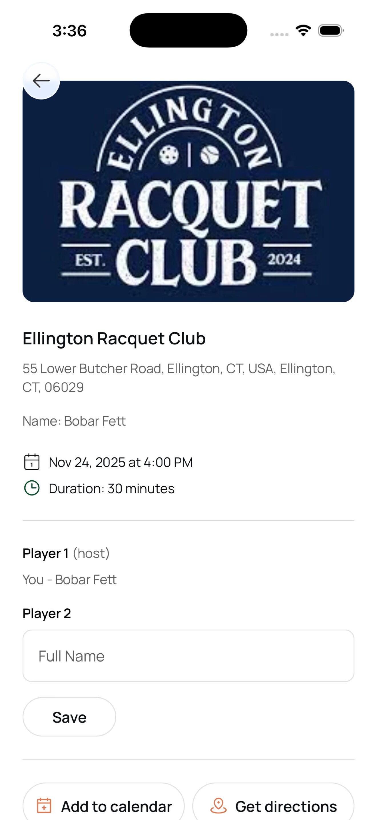 Booking detail with directions and calendar integration