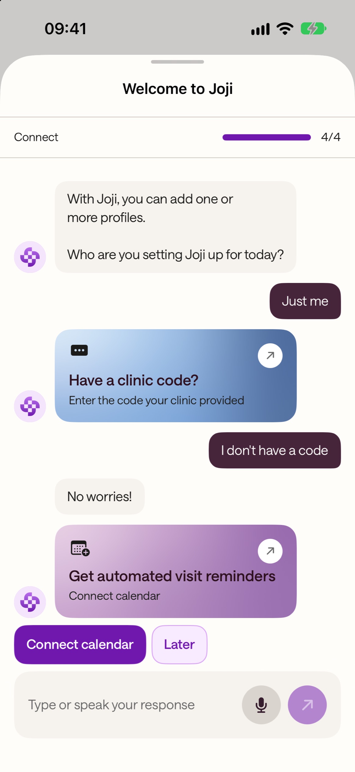 Onboarding chat offering to connect a calendar and medical records