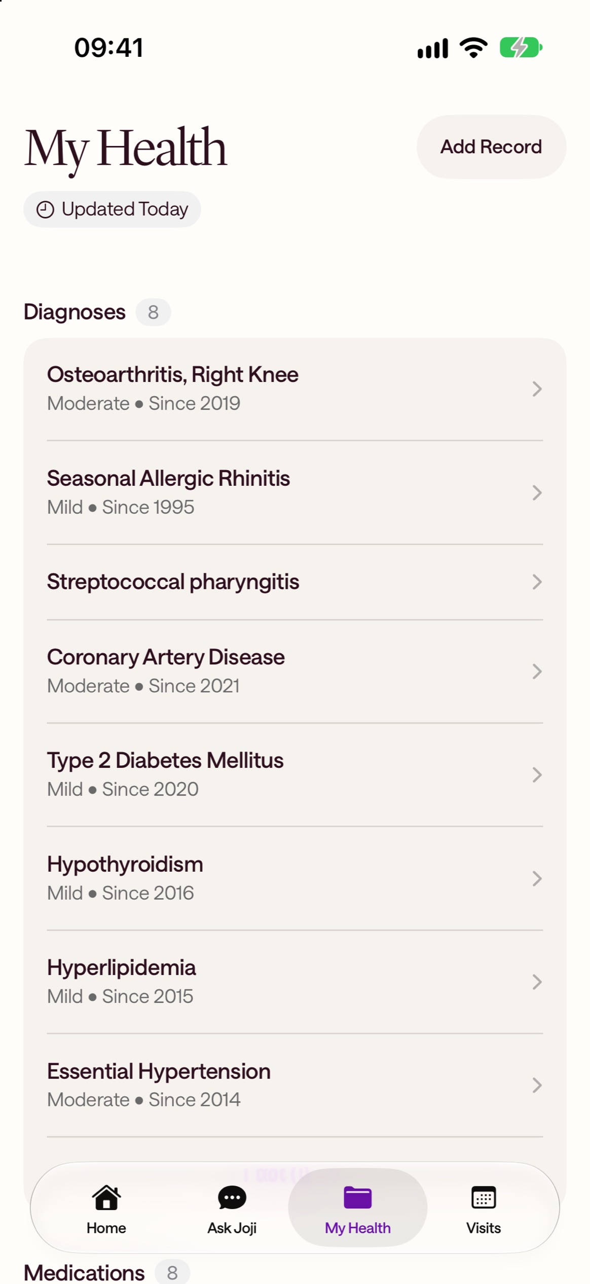 My Health with diagnoses gathered from visits and records
