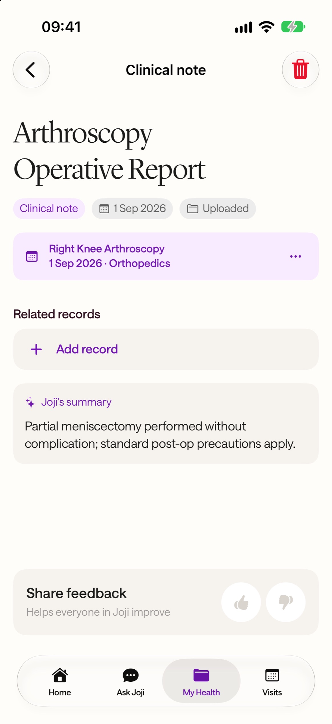 A scanned operative report with its AI summary