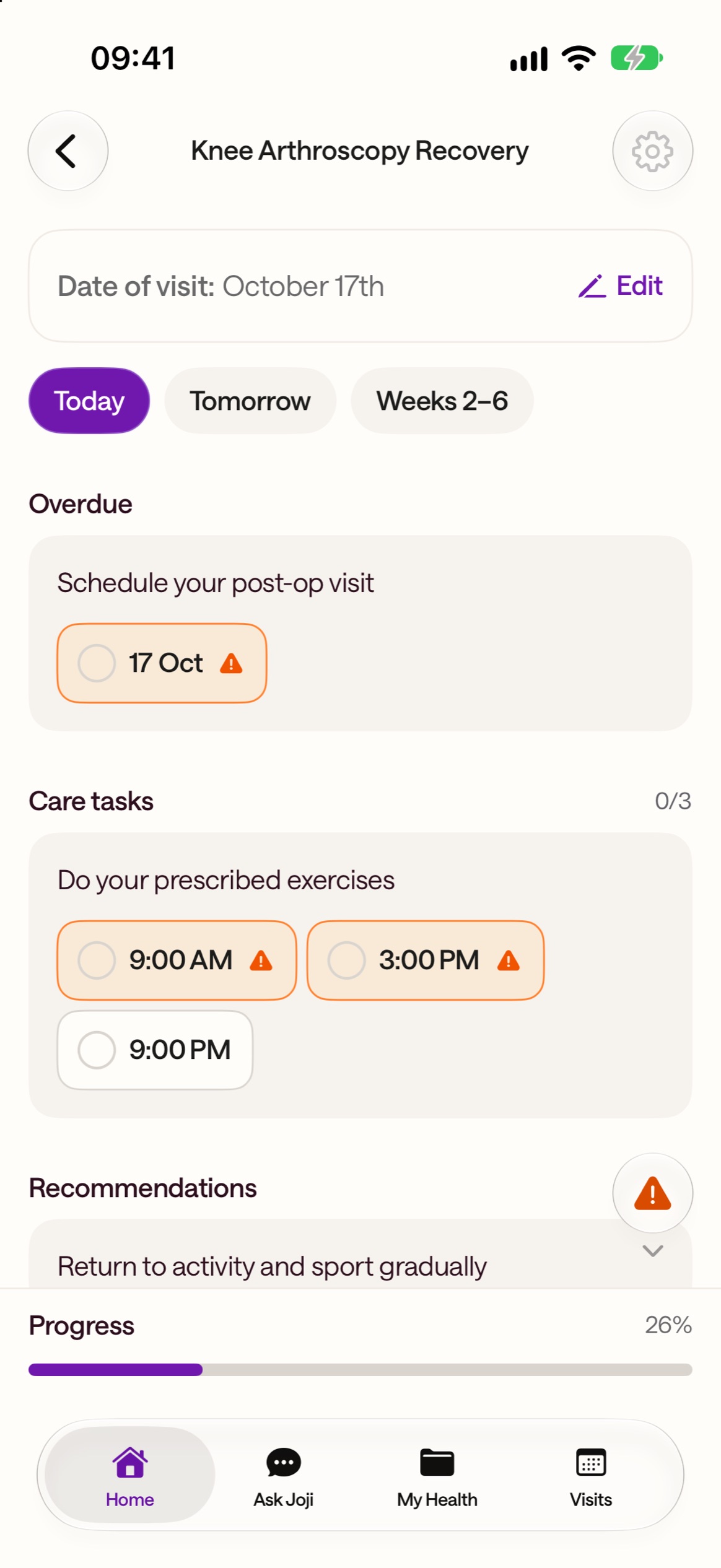 Knee arthroscopy recovery plan with today’s tasks