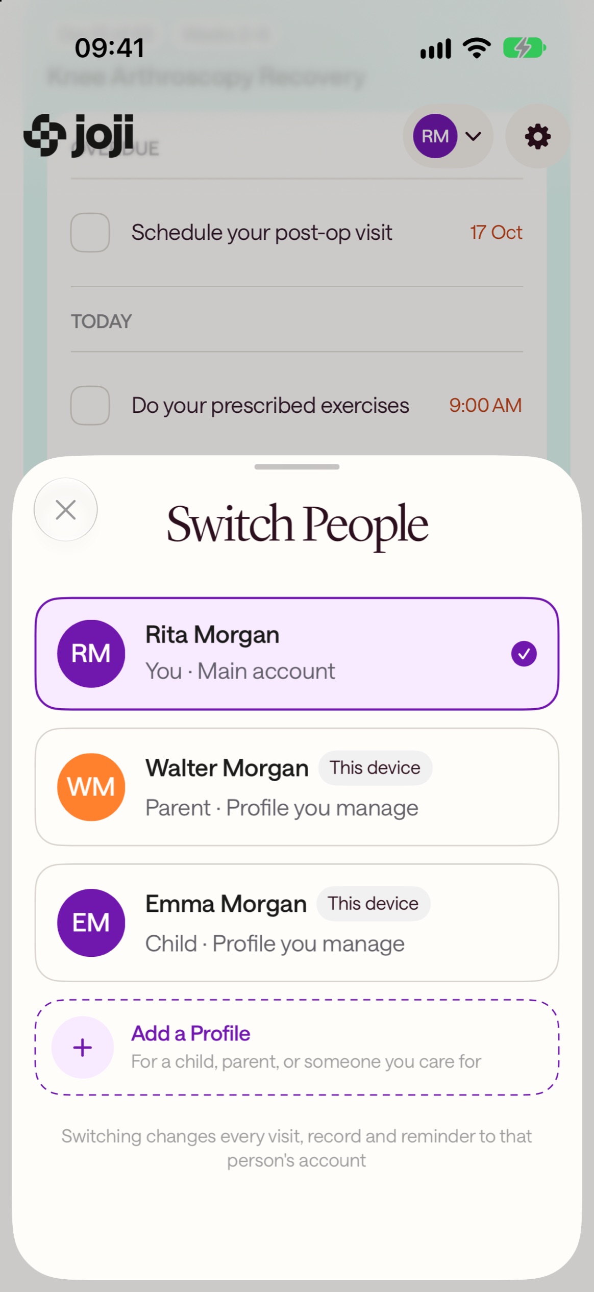 Switching between the profiles of family members