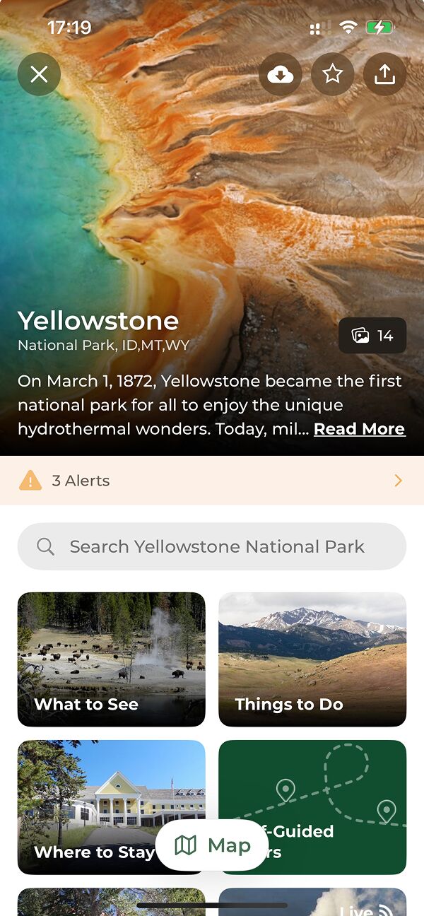 Yellowstone National Park Screenshot from iOS app