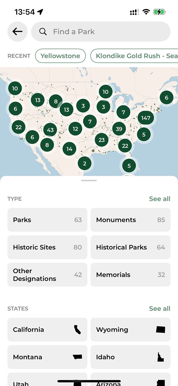 Find a Park screen (screenshot from iOS app)