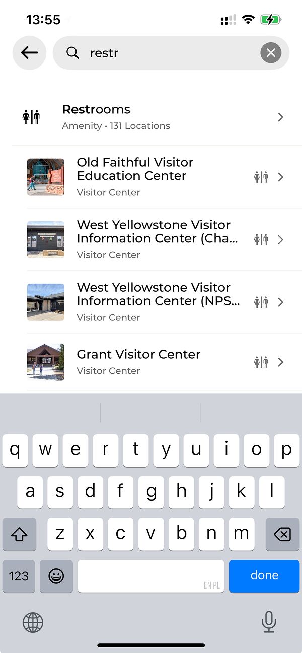 In-park search screen (screenshot from iOS app)