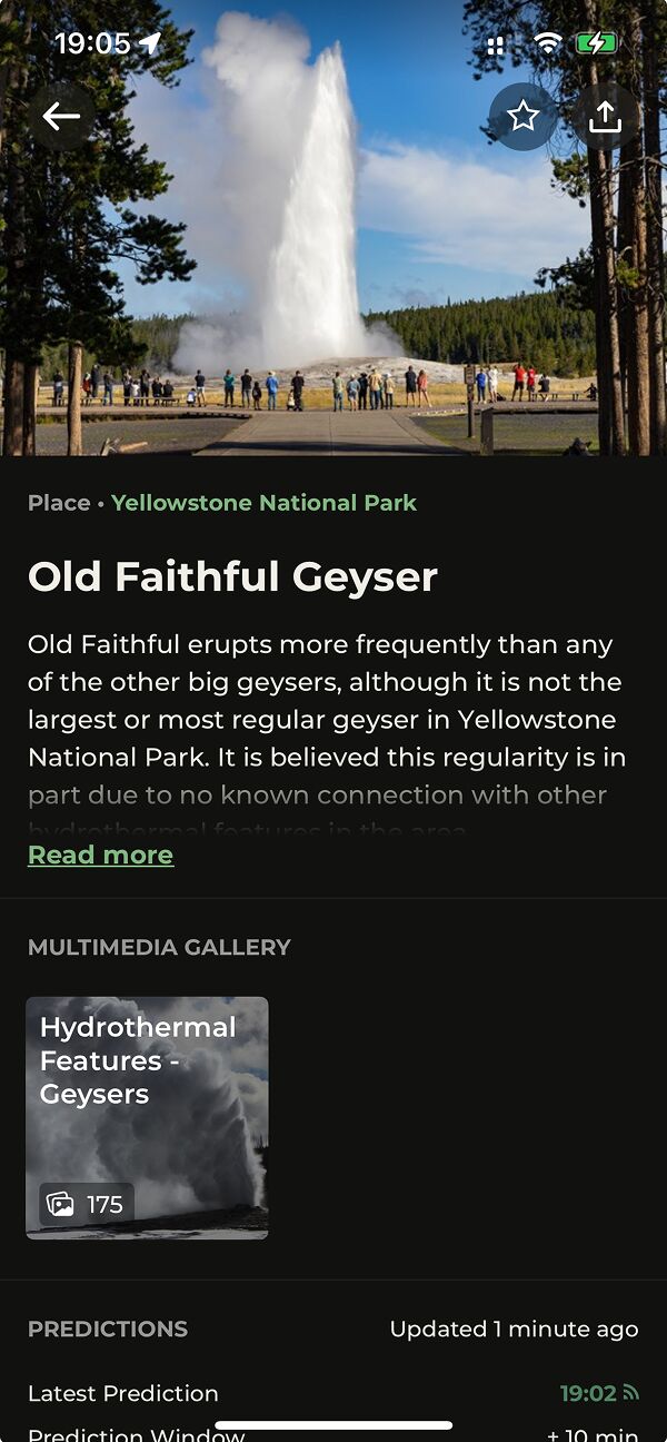 Old Faithful Geyser Screenshot from iOS app in dark mode
