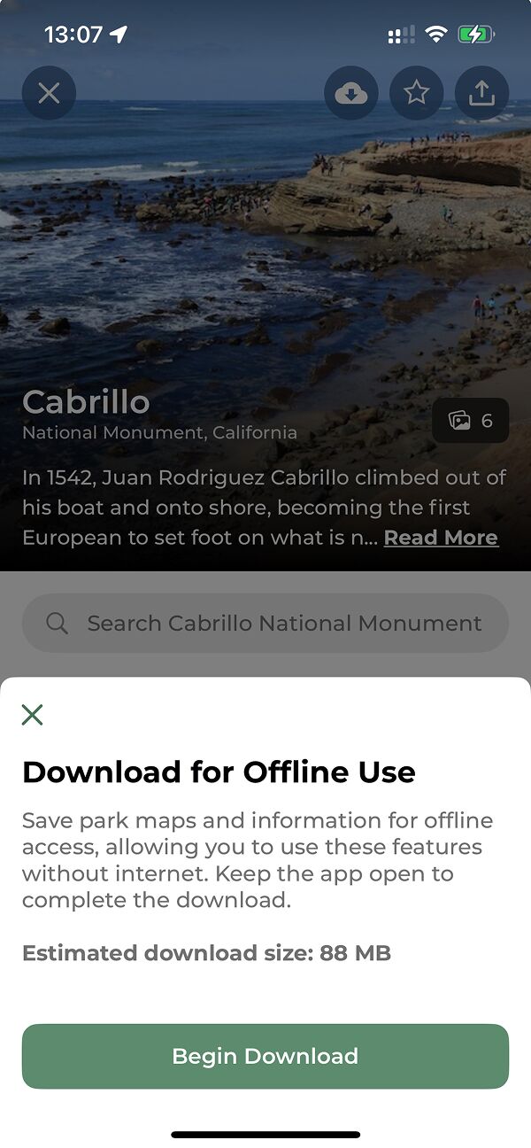 Popup confirmation for downloading the park for offline use (screenshot from iOS app)