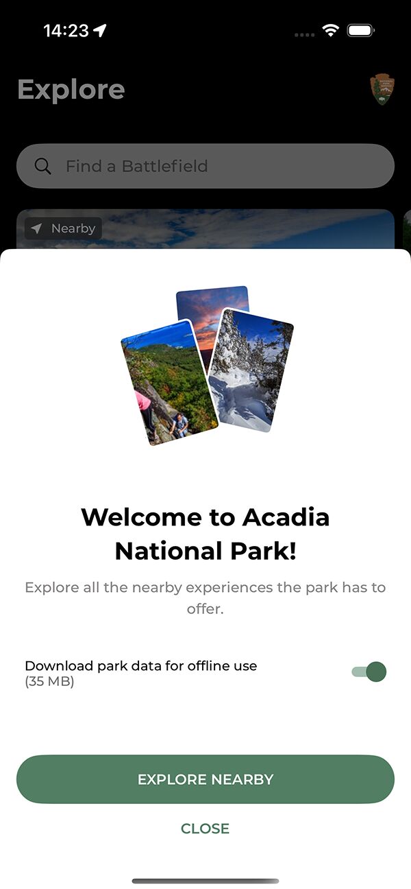 Popup welcoming user in Acadia National Park