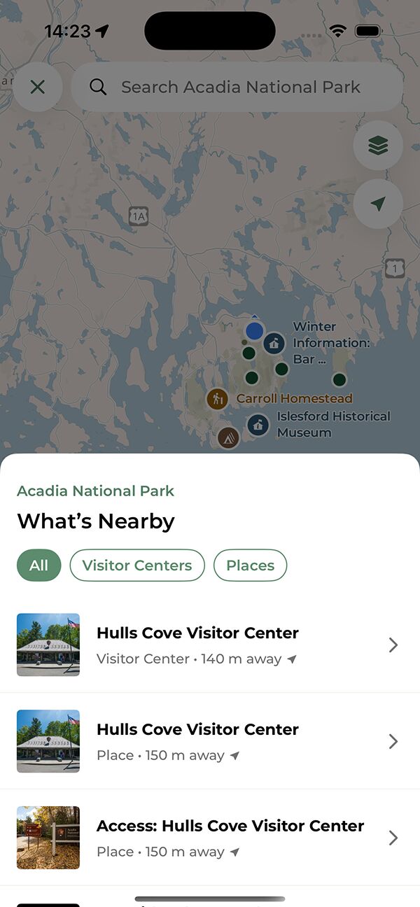 Popup showing places near the user in Acadia National Park