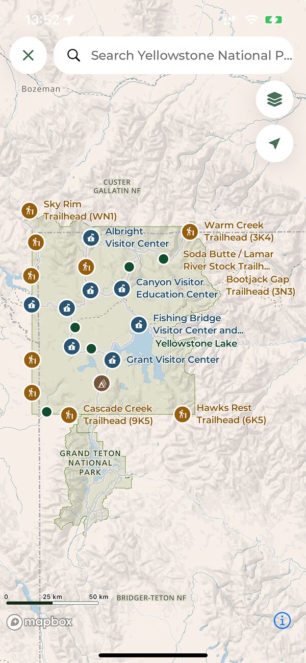 Map Screen for Yellowstone National Park (screenshot from iOS app)