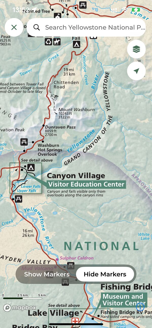 Brochure map for Yellowstone National Park (screenshot from iOS app)