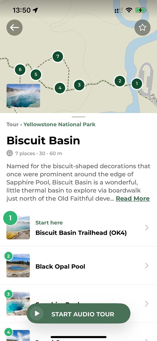 Biscuit Basin Self-Guided Tour (screenshot from iOS app)
