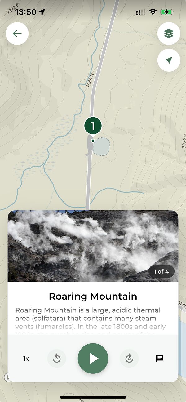 Roaring Mountain tour stop playing audio (screenshot from iOS app)