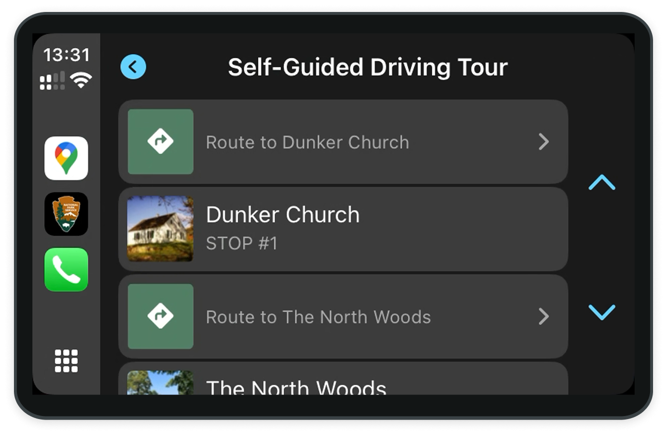 Self-guided Driving Tour from Antietam National Battlefield (screenshot from CarPlay)