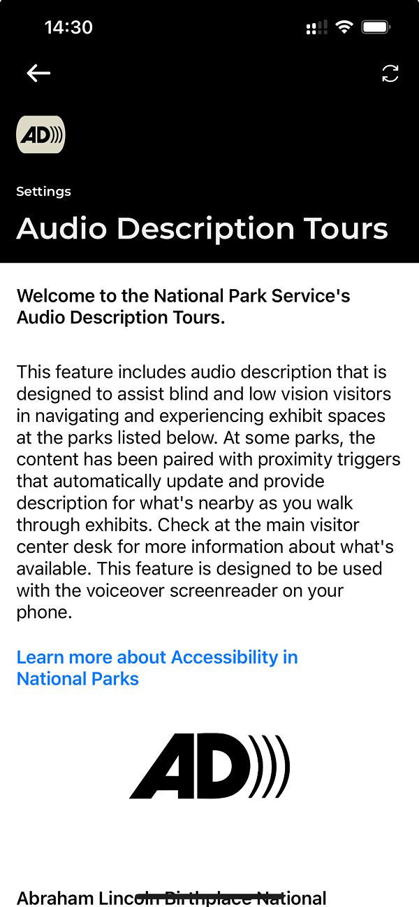 Audio Description Tours for users with visual impairments (screenshot from iOS app)