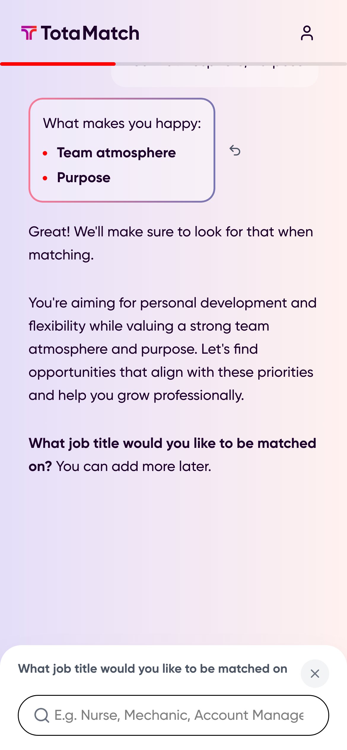 Onboarding chat with an AI-written summary of what makes the candidate happy at work