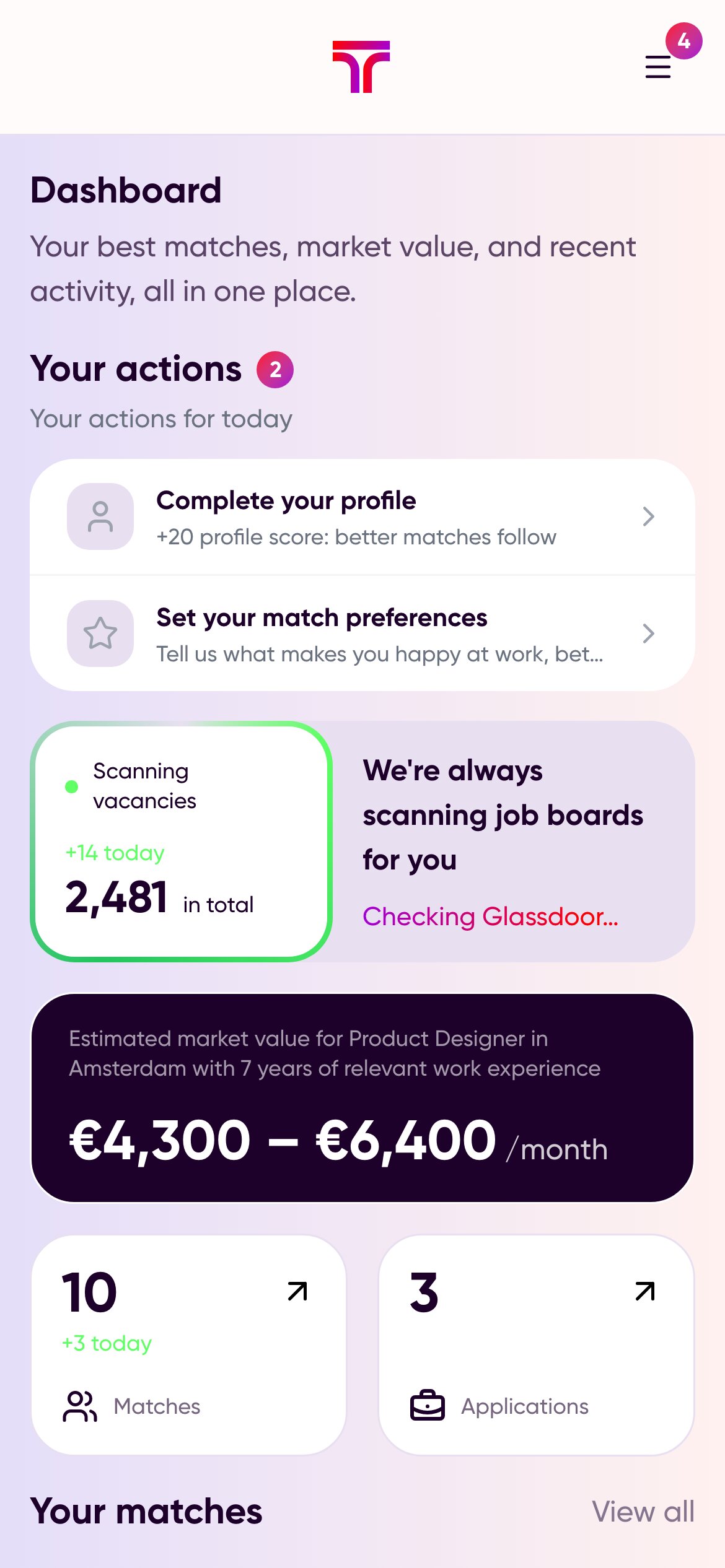 Candidate dashboard with matches and an estimated market value