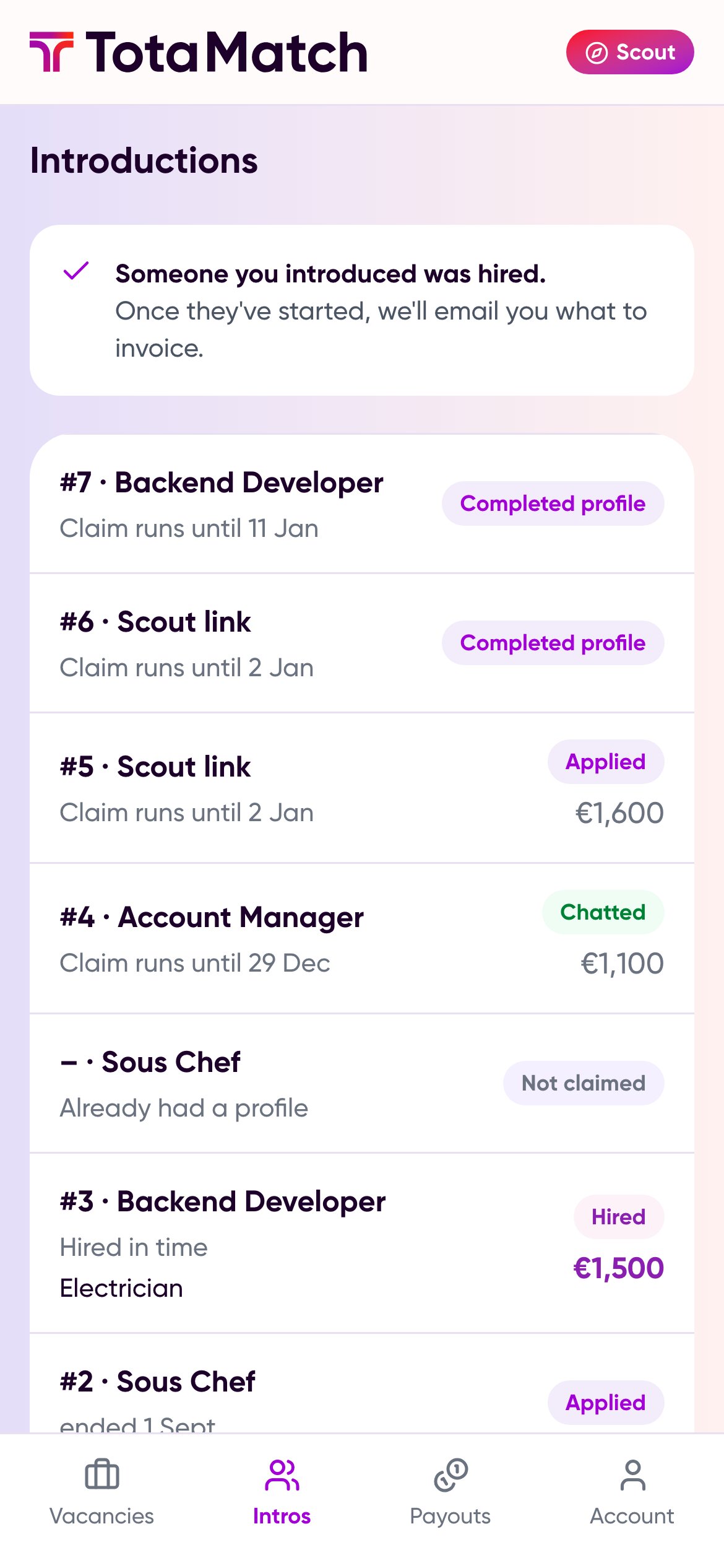 Scout portal with the introductions and earned fees
